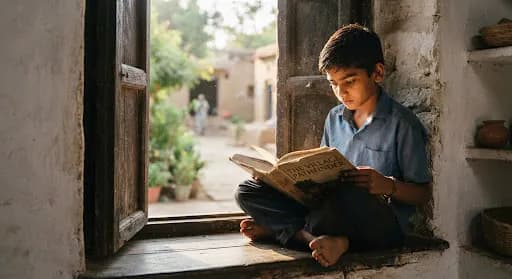 A reflective young boy reading a large book by an open wooden window in warm sunlight
