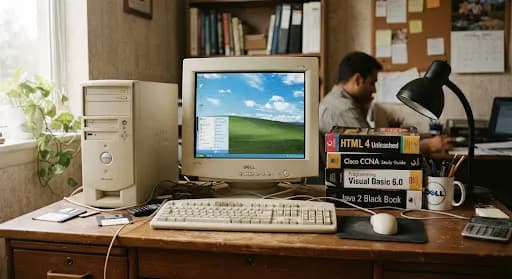 An early-2000s desktop computer workstation with stacks of technology books under a study lamp
