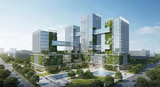 Futuristic render of connected corporate ecosystem buildings with glass skyways and green gardens