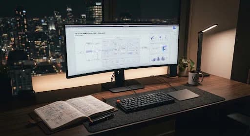 A late-night study desk with code on screen and diagrams sketched in notebooks